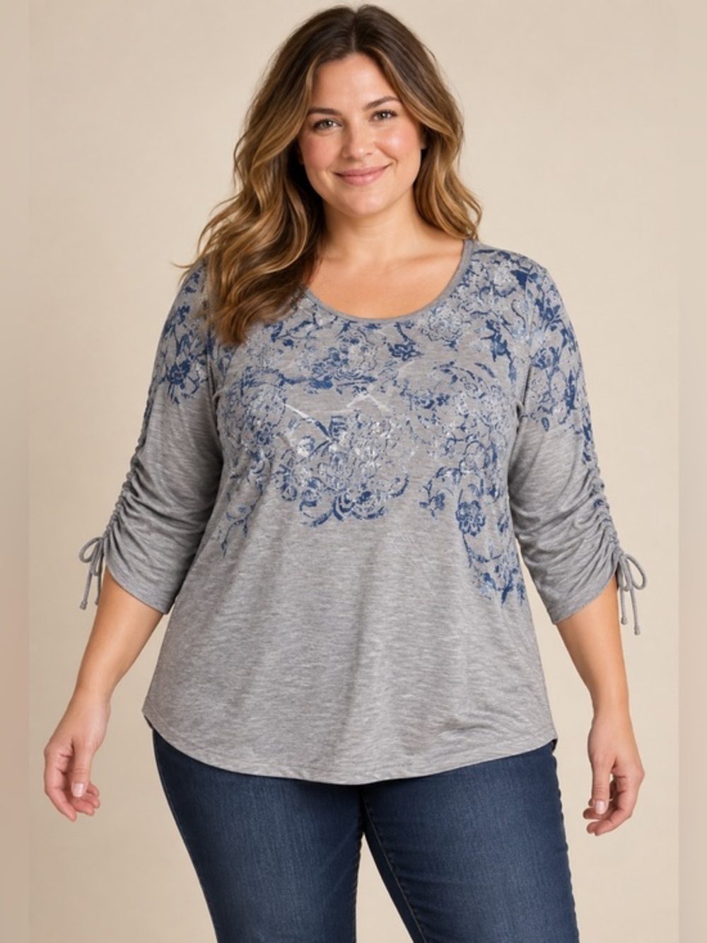 Sunday Womens XL Gray Blue Floral Ruched Sleeve Embellished Knit Top